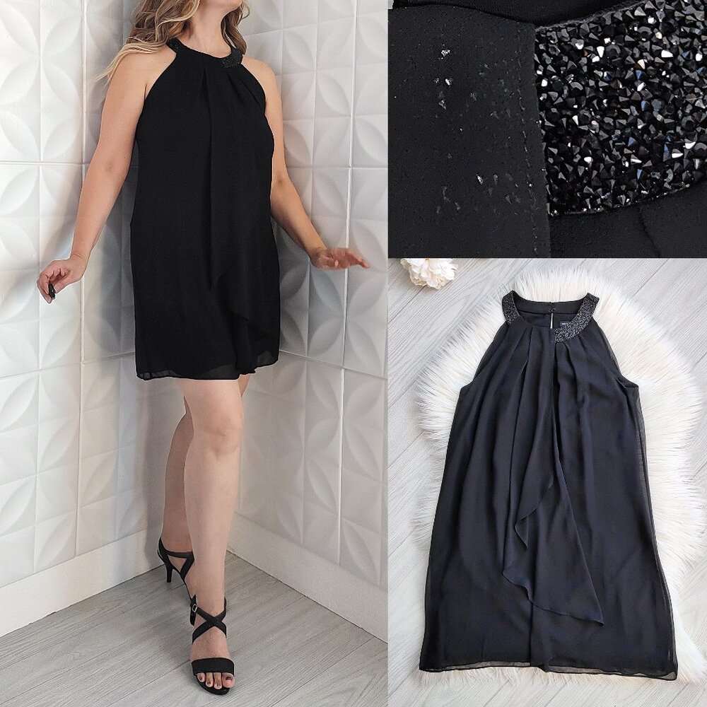Black Shift Cocktail Dress Chiffon Sparkle A-line Swing 6 White House Mini